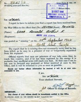 War Office notification to the family of Pte Gear confirming he was Missing In Action, 10 October 1944