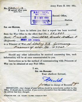 War Office notification to the family of Pte Gear confirming his capture as a Prisoner of War, 28 November 1944