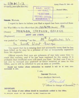 Missing Report for Pte Stephen George Morgan, Oct 1944.