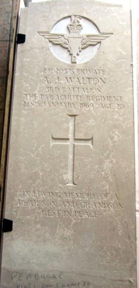 Headstone of Pte A J Walton, ready for transportation to Pembroke Military Cemetery, Malta, December 2012.