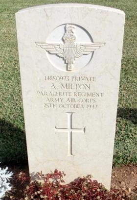 Grave of Pte Alfred Milton, Khayat Beach War Cemetery, 1 January 2015.
