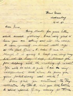 Cpl Towler's letter to his sister Irene, 16 Dec 1942.