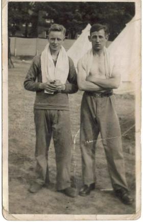 Richard Warburton with a pal, 'Douggie', Aldershot, April 1939