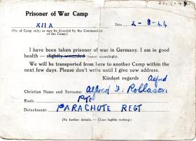 Postcard from Pte Rollason announcing he was a Prisoner of War, 2 August 1944.