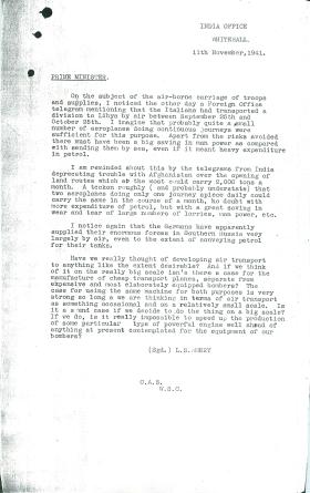 Copy of letter from LS Amery to Churchill on airborne carriage of troops and supplies. Dated November 11th 1941.