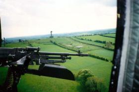 Flying top cover on 'Round Robin' of locations, Golf Tower in background, South Armagh, May 1994.