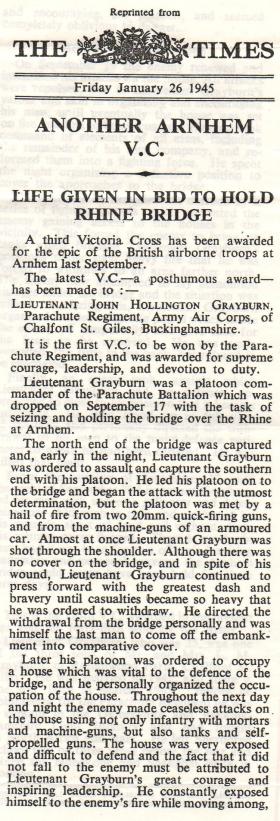 Newspaper report on Lt Grayburn VC, 1945