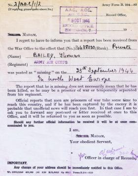 Letter to Mrs Bailey notifying her that Pte Bailey was posted as Missing in Action, 25 Sept 1944.