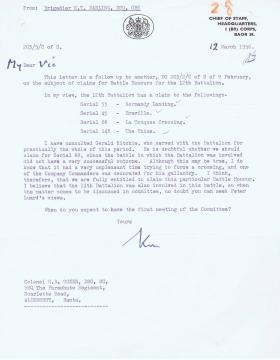 Letter regarding four proposed claims for Battle Honours for 12th Battalion, 12 March 1956.