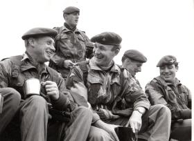 AA Rev Paul Abram chats to soldiers of 3rd Battalion The Parachute Regiment, June 1969.