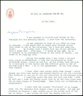 Letter from Lt Col R Crawshaw OBE MP TD to Brigadier CHV (Pritchard) Vaughan DSO, 19 December 1967.