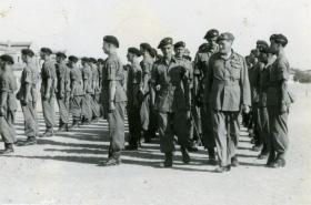 Commander-in-Chief Gen Sir Claude Auchinlek completes his inspection of 15th (Kings) Battalion, Bilaspur, India, April 1946
