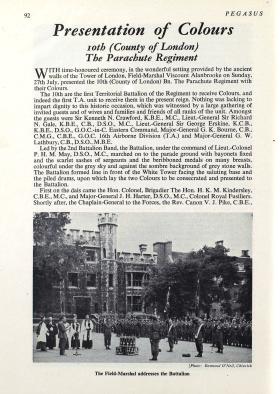 Pegasus article on presentation of Colours to 10 PARA and 15 PARA, 1952.
