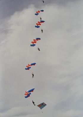 Parachutists at the Colours Presentation to 1, 2 and 3 PARA at Queens Avenue, Aldershot, 1998.