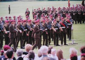 Lt-Col Shaw leading 2 PARA during the parade at the Presentation of the Colours, Queens Avenue, Aldershot. 1998.
