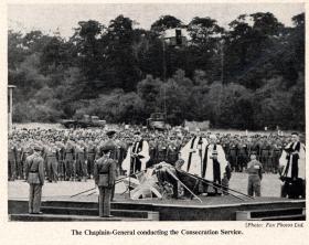 The Chaplain-General conducting the Consecration Service of the Colours, Aldershot 19 July 1950.