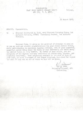 Letter of commendation to Sgt Instructor Cook, from Brigadier General Ray Dunn, 1943