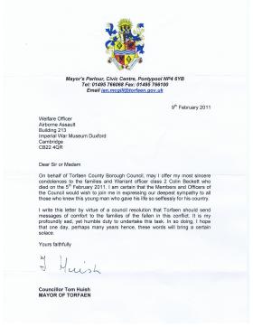 Letter of Condolence from Torfaen Council for WO2 Beckett