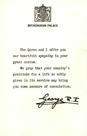 Letter of condolence from the King, to Mrs McCombe, 1944. 