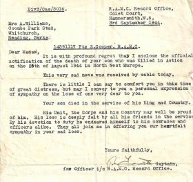 Letter informing of Pte Cooper's death, 3 September 1944.