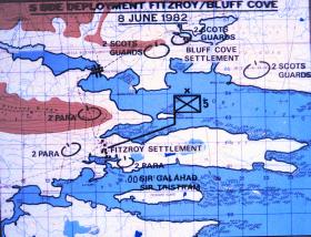 Map of Fitzroy and Bluff Cove, Falklands,  8 June 1982.