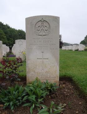 Headstone of Cpl AJW Elsey, Ranville War Cemetery, May 2013.