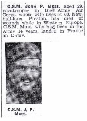 A newspaper article on CSM Moss, 13th Para Bn, in the Lancashire Daily News, January 1945.