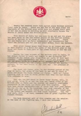 Field Marshal Auchinleck's letter to British troops leaving India after independance, 1947