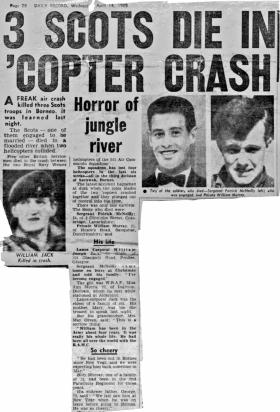 Newspaper report from the Daily Record on the fatal helicopter crash in Borneo, April 1965.