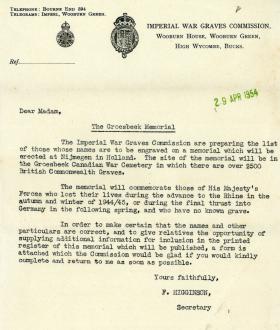 Letter from the Imperial War Graves Commission regarding the Groesbeek Memorial, 1954