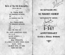 Programme for 'D Day Dinner and Social Evening' held at 8th Battalion Sgts' Mess  Camp 148 Haifa MELF 6 June 1947.