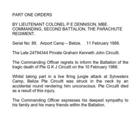 Part One orders from Lt Col Dennison, concerning the death of Pte Circuitt, 11 Feb 1988.