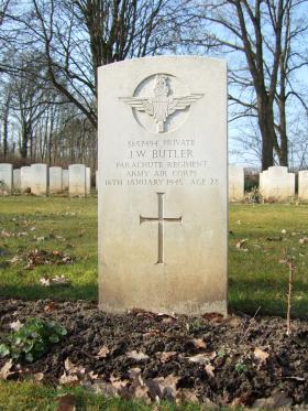 Grave of Pte Joseph W Butler, Hotton War Cemetery, Belgium, 2015.
