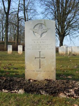 Grave of Pte R A King, Hotton War Cemetery, Belgium, March 2015.