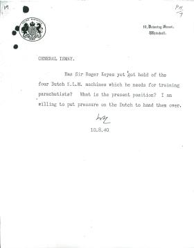 Letter from General Ismay to Churchill about parachute troops