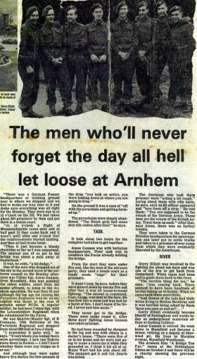 'Evening Post' article featuring Amos Gannon's account of Arnhem, 1977. 
