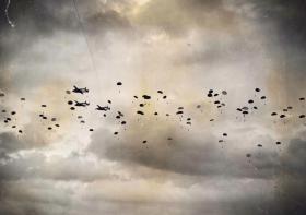 Paratroops of 44th Parachute Bde descend during Ex King's Joker, 1953