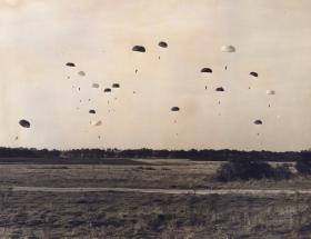 Paratroops of 44th Parachute Bde descend during Ex King's Joker, 1953