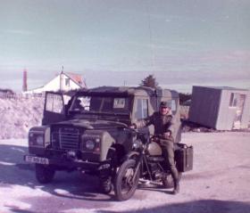 Argentine soldiers with captured Royal Marine vehicles, Falklands, 1982.