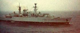 The MV Norland is escorted by HMS Broadsword, 1982