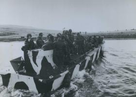 A landing craft heads to shore, Falklands, 1982