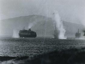 Argentine bombs explode near the MV Norland, San Carlos Water, Falklands, 1982