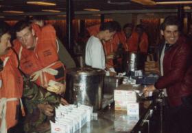 Refreshments during Life Boat Drill, MV Norland, 1982.