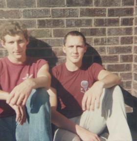 Frank Fletcher and Kev Howard take a break in the sun, 1980s