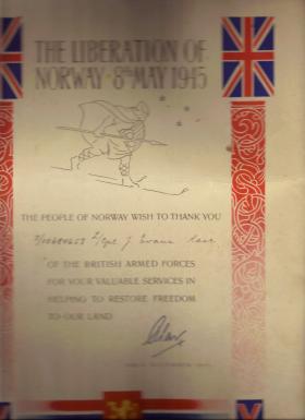 L/Corporal James Evans' Norway Liberation Certificate 8th May 1945. 