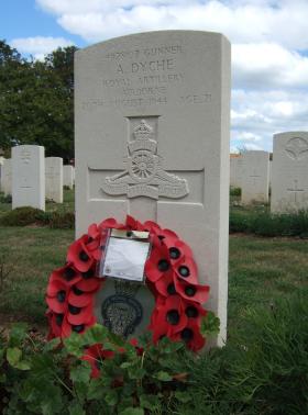 Headstone of Gnr Albert Dyche, La Delivrande War Cemetery, 2010.