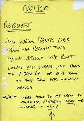 Notice appealing for yellow plastic lids to be used as minefield markers by 9 PARA Sqn, MV Norland, 1982