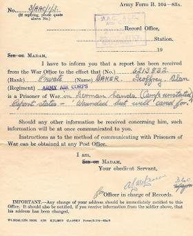 POW notification for Pte G Baker, 28 November 1944.