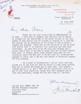 Letter regarding Battle Honours for operations in the Greek Islands, 3 July 1956.