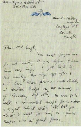 Letter by Tony Hibbert on return from being taken prisoner on Arnhem Bridge.